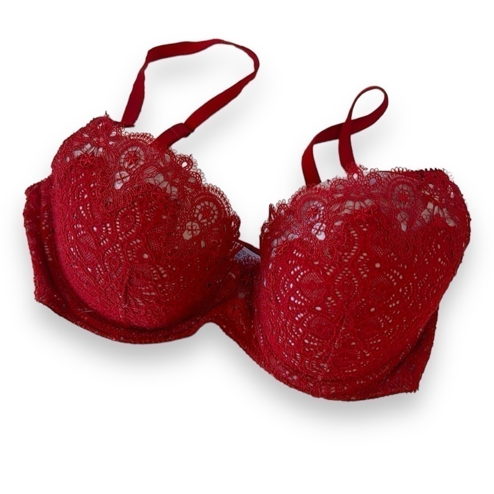 Victoria’s Secret Dream Angels 32D lined red lace bra nude sexy Valentine’s Day